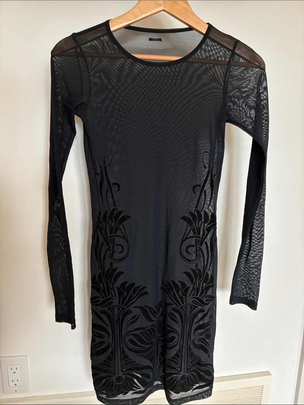 Vintage XS Colcci Black Sheer Long-Sleeve Party Dress with Velvet Motif
